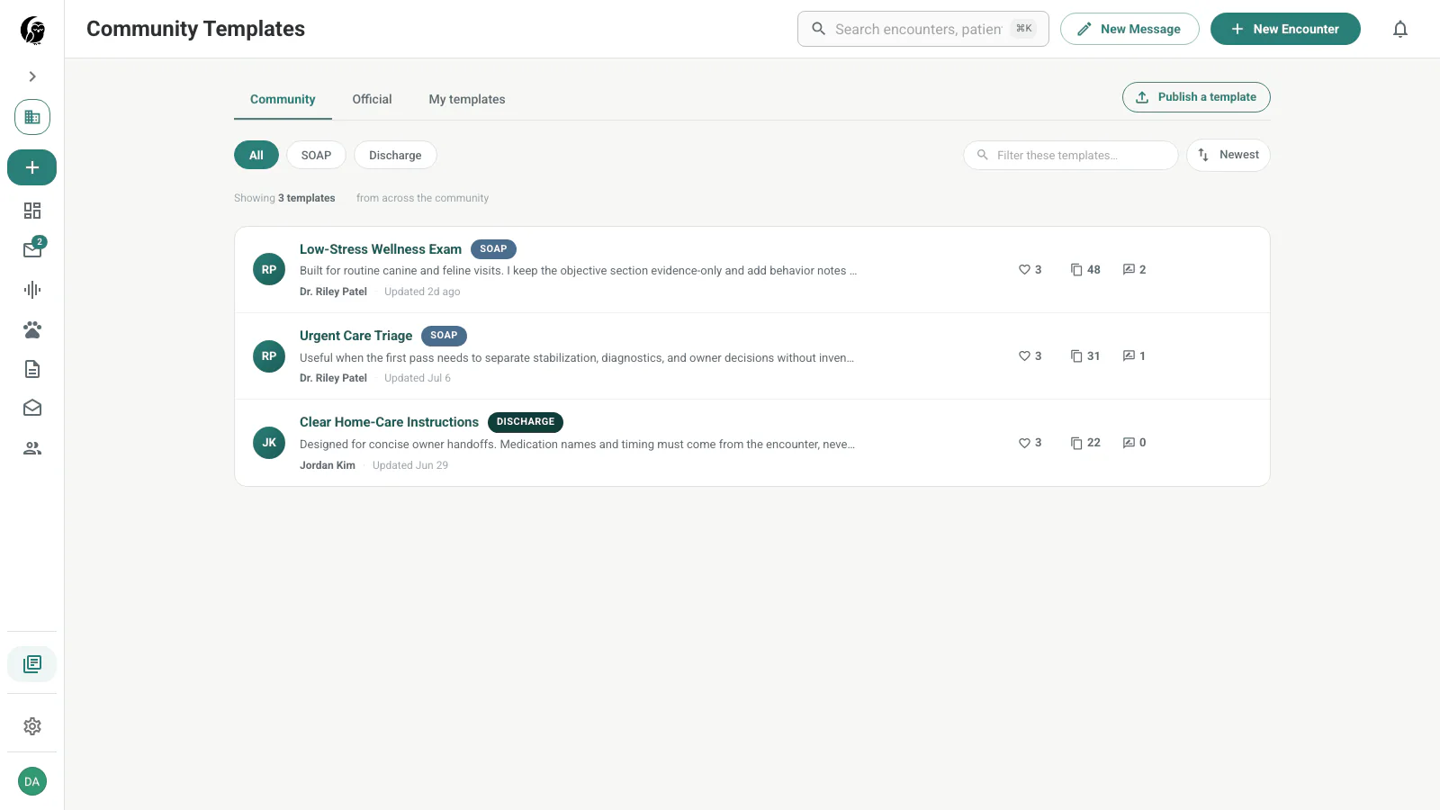 Community Templates gallery with Community, Official, and My templates tabs; SOAP and Discharge filters; search; sorting; and three published examples