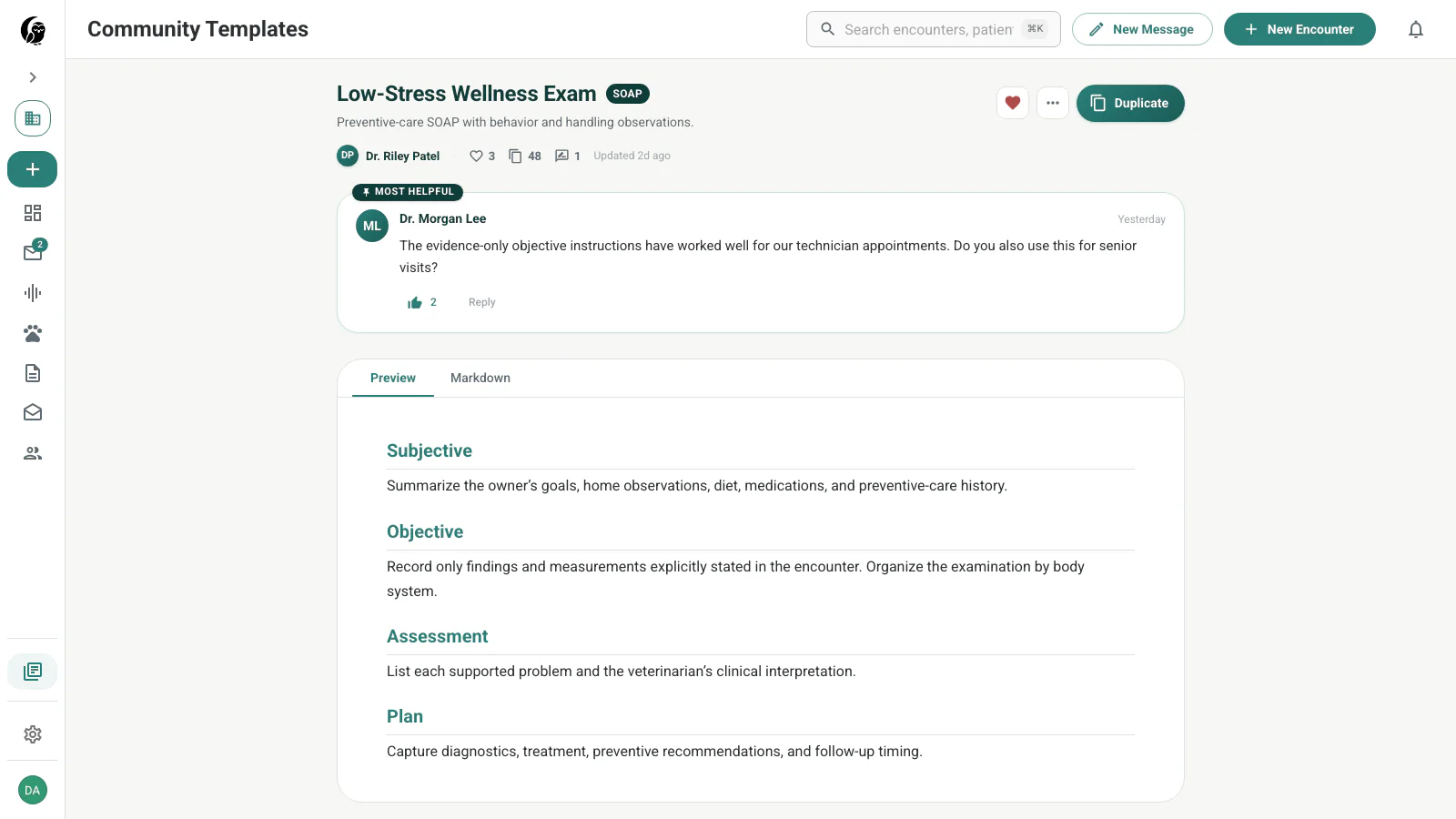 Low-Stress Wellness Exam community detail with author, likes, duplicate count, notes count, Preview and Markdown tabs, and Duplicate action