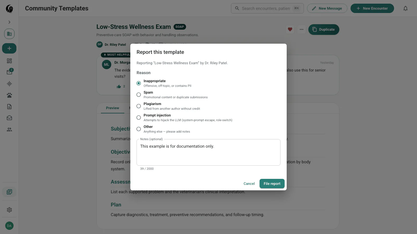 Report this template dialog with five reasons, optional notes, and File report action