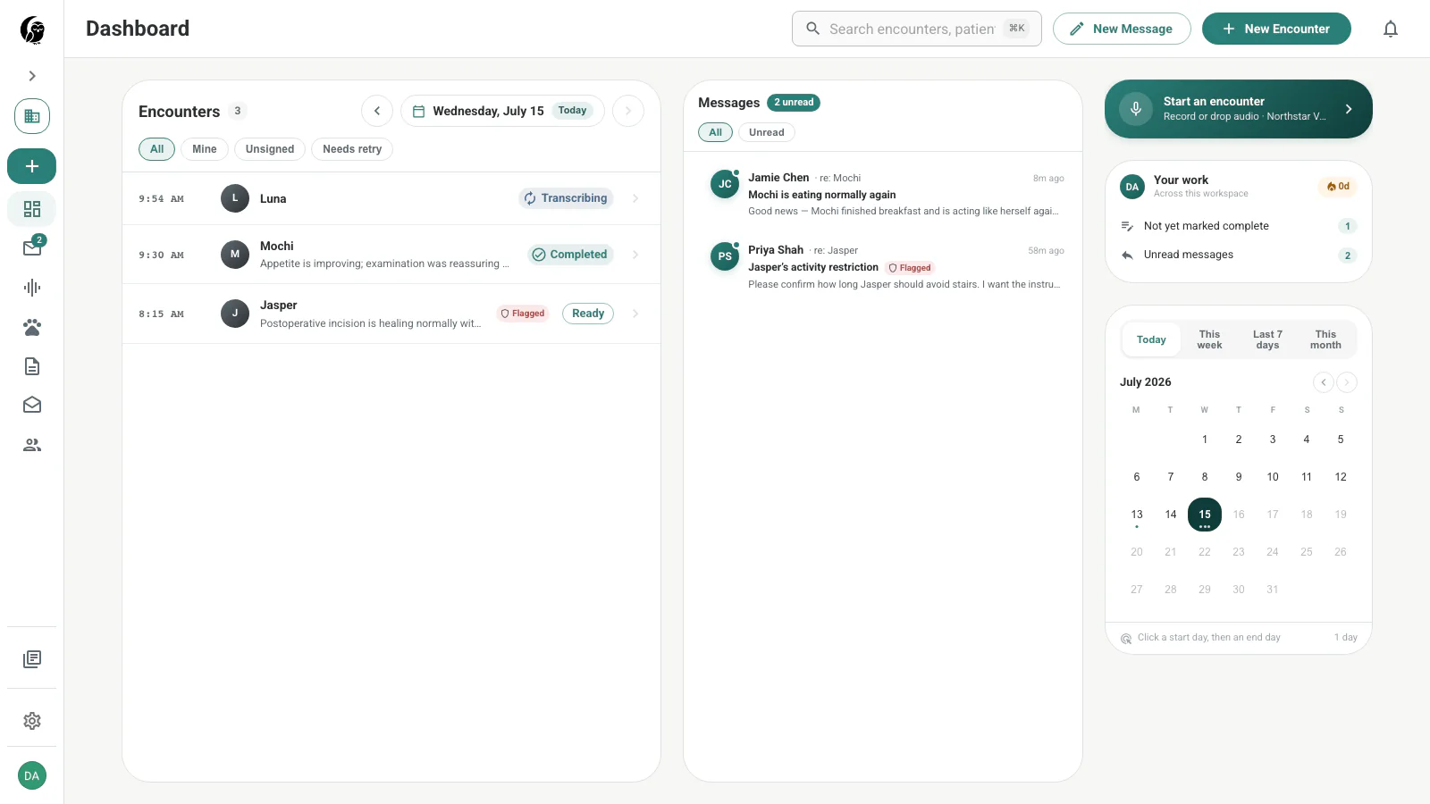 Noctune dashboard with encounters, recent messages, work summary, calendar, and start encounter shortcut