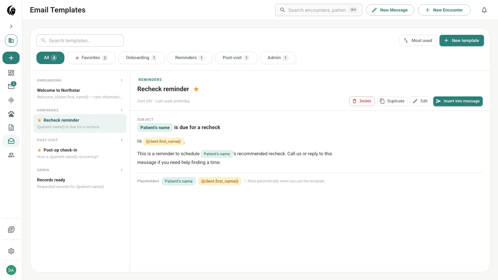 Email Templates library with search, categories, favorites, usage sorting, template list, rendered placeholder preview, and message insertion action