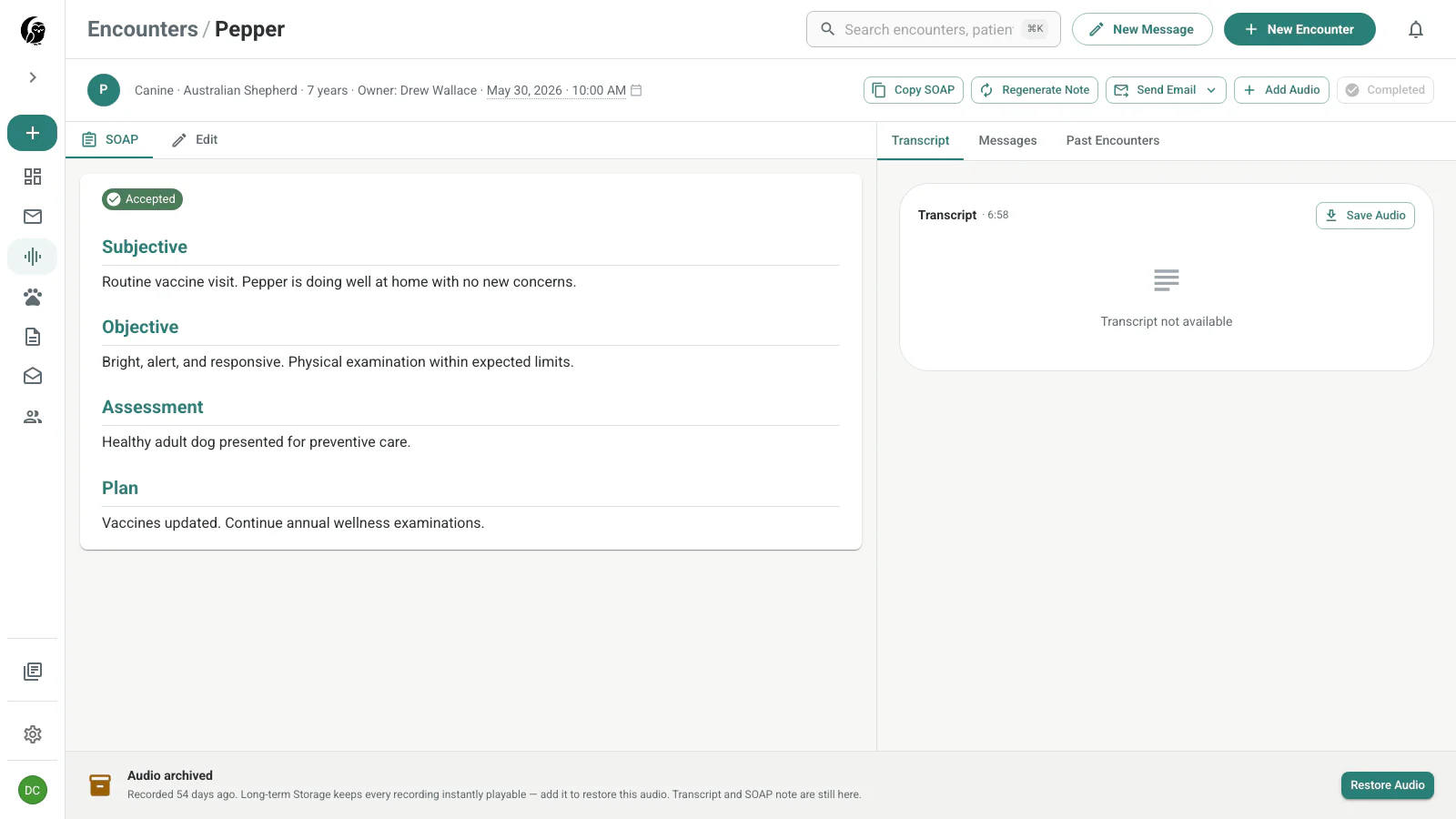 Pepper encounter with a 46-day Audio archived banner, retained SOAP note and transcript area, and Restore Audio action