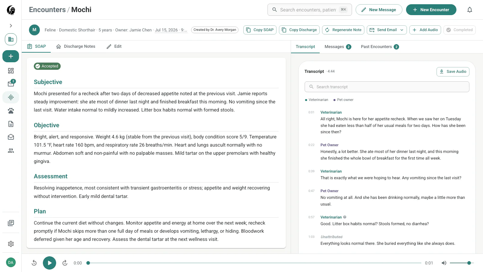 Ready encounter with the generated SOAP note beside the speaker-labeled transcript