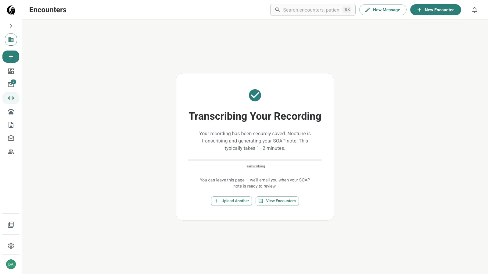 Encounter processing screen showing that the recording is being transcribed