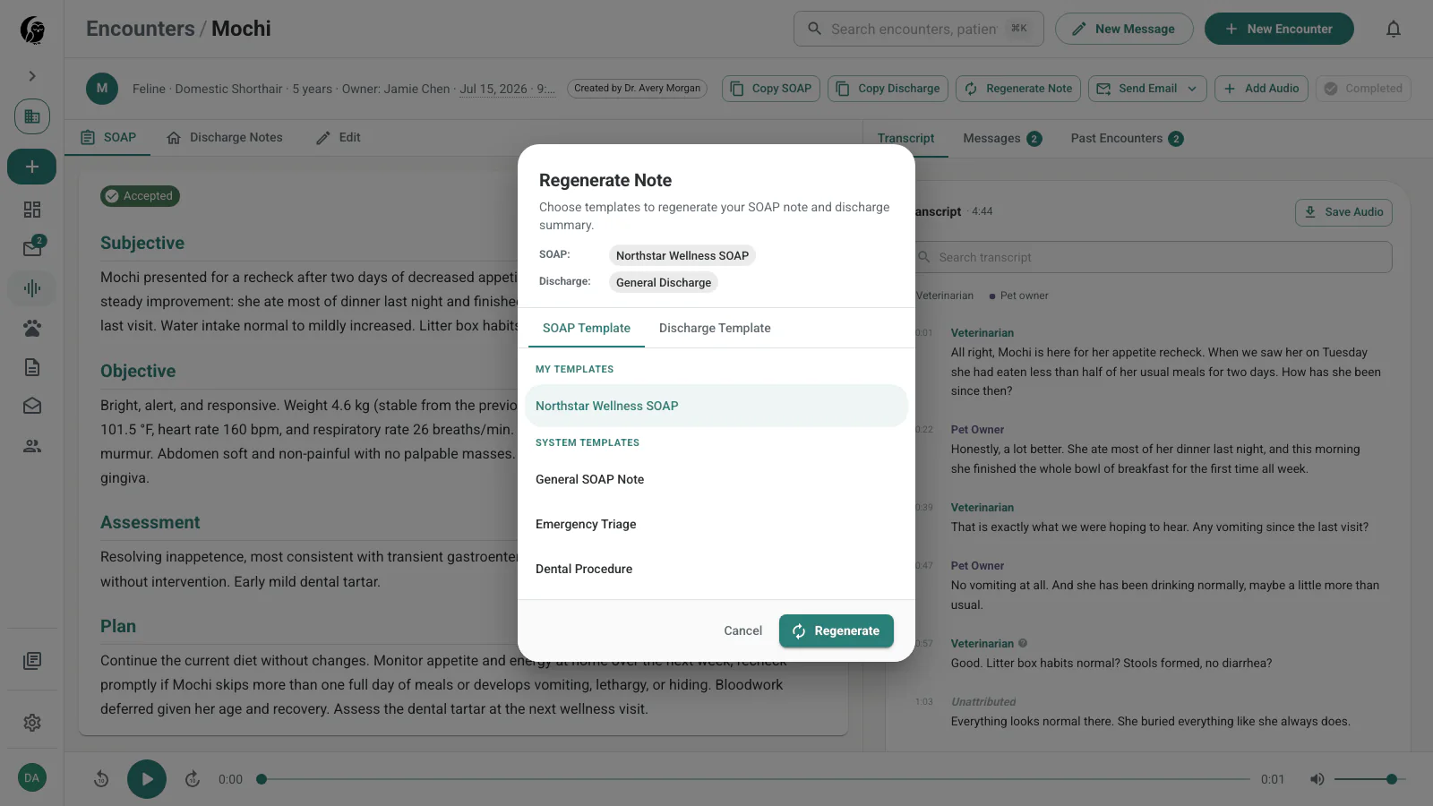 Regenerate Note dialog with the current SOAP and discharge template selections