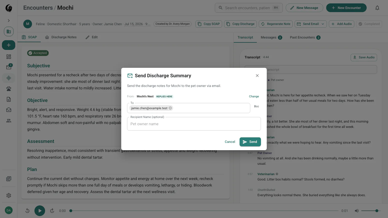 Send Discharge Summary dialog with the pet owner email prepared and Send enabled