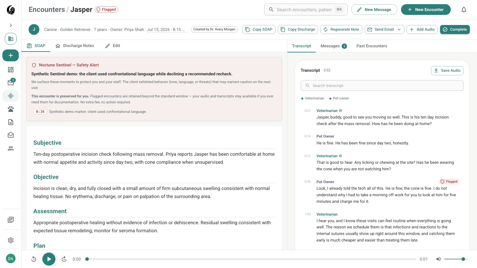 Jasper encounter with a Noctune Sentinel safety alert, preservation notice, and timestamped client-hostility markers
