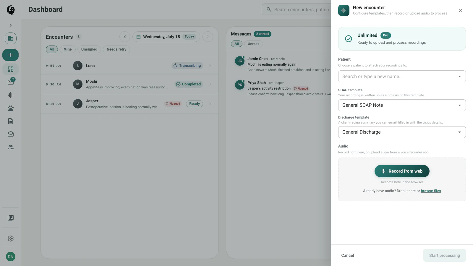 New Encounter drawer with patient, SOAP template, discharge template, browser recording, and file upload controls