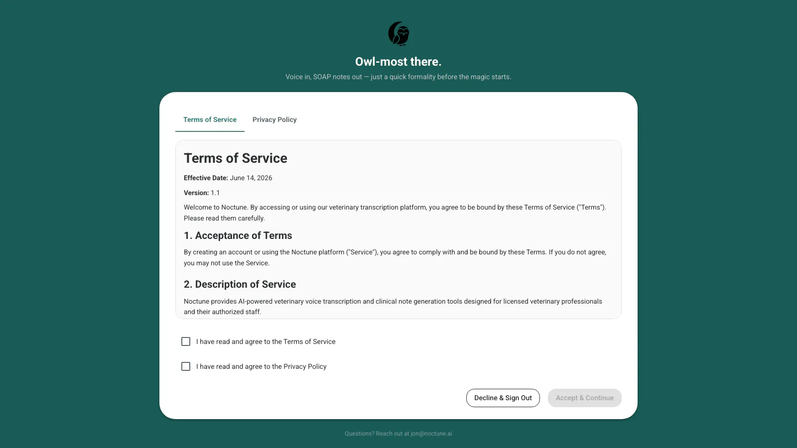 Noctune legal acceptance page with the current Terms of Service and two acknowledgement checkboxes