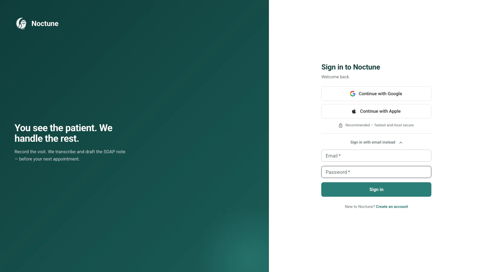 Noctune sign-in page with Google, Apple, and email sign-in options