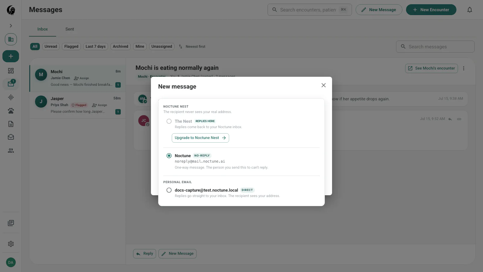 Noctune message composer with the reply-route picker open for Nest, no-reply, and personal email