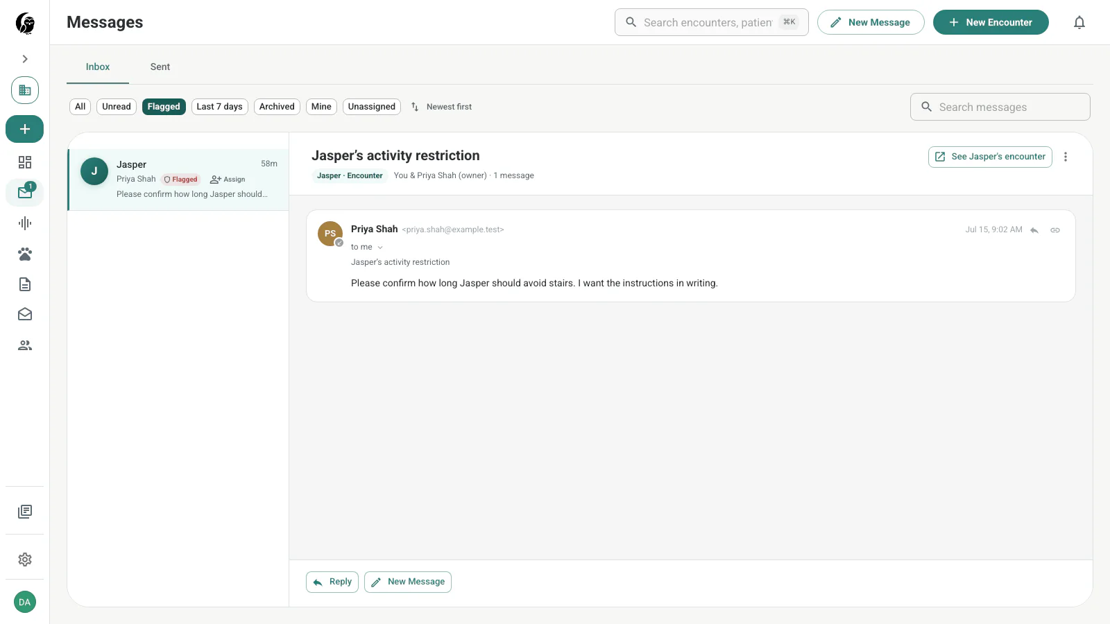 Messages inbox filtered to Jasper's Sentinel-flagged encounter conversation