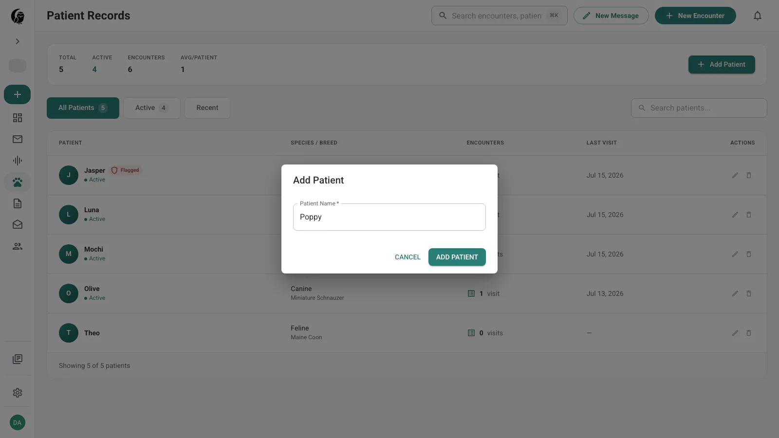 Add Patient dialog with a required patient name field