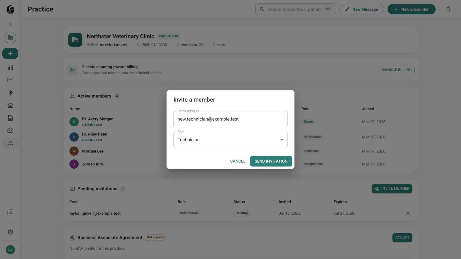 Invite a member dialog with a technician email, role selector, Cancel, and Send invitation actions
