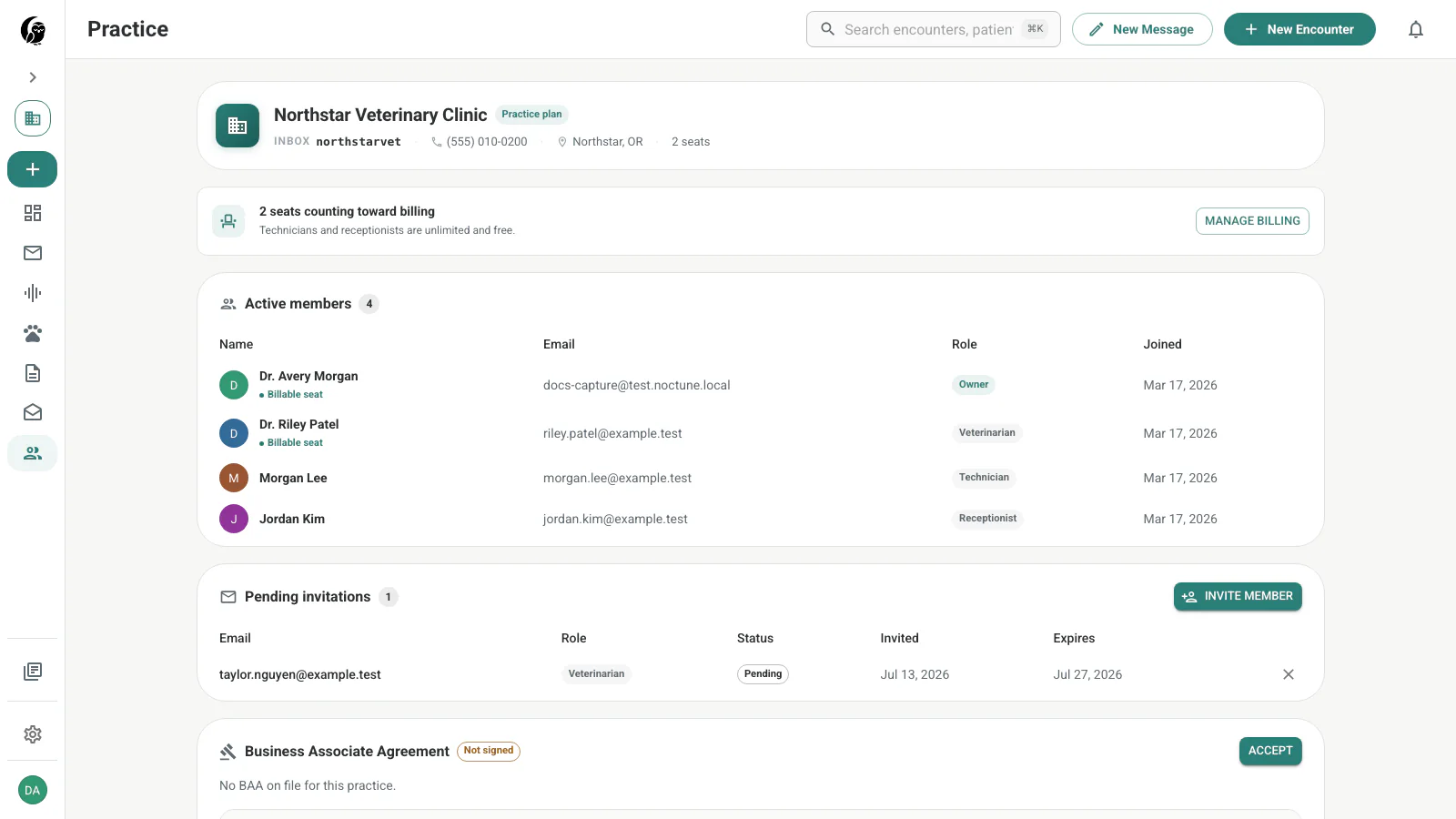 Northstar Veterinary Clinic practice page with Practice plan, inbox handle, two billable seats, four active members, and a pending invitation