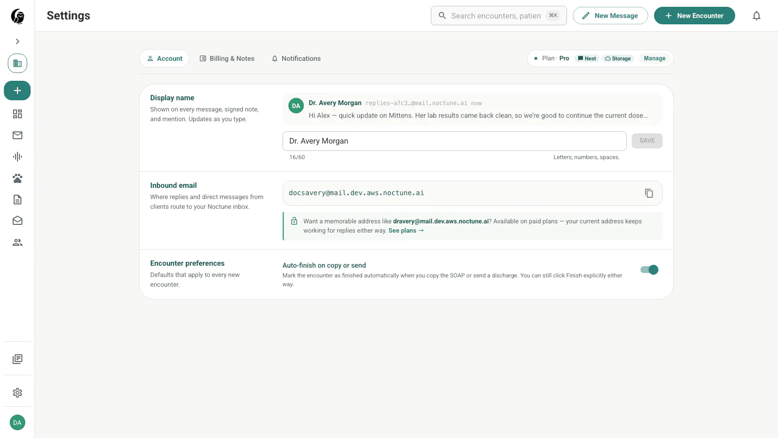 Account settings with display-name preview, inbound Noctune email, and encounter auto-finish preference
