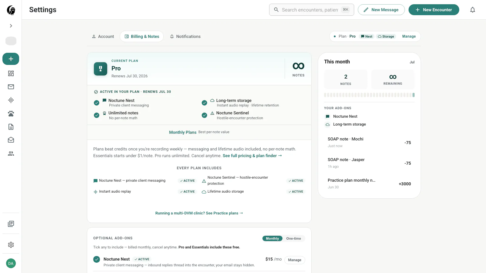 Noctune Pro billing page with renewal date, unlimited notes, Nest, Long-term Storage, Sentinel, monthly usage, add-ons, and note activity