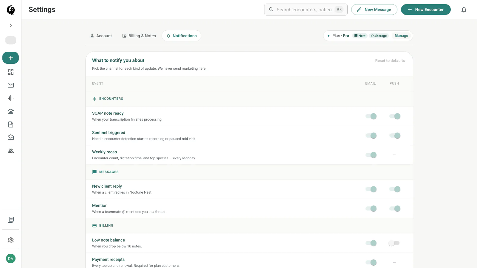 Noctune notification defaults with event descriptions and disabled Email and Push switches