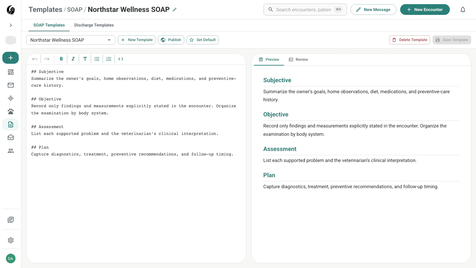 Noctune SOAP template editor with markdown instructions, live preview, template selector, Publish, Set Default, Delete, and Save controls