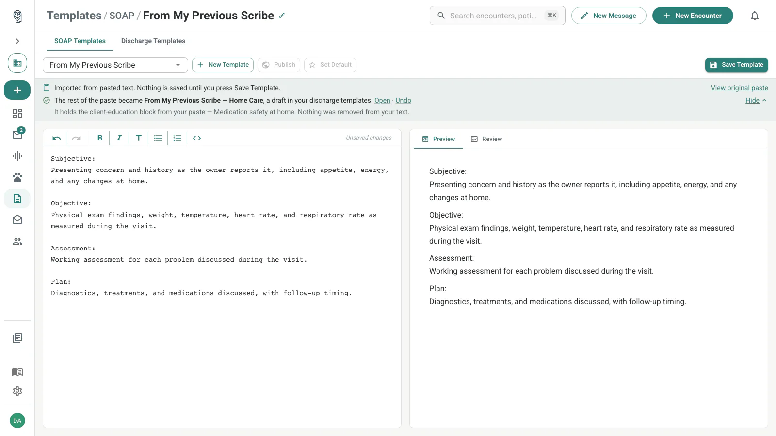 Import banner showing a created discharge-template receipt with Open, Undo, and an expanded What's in it summary