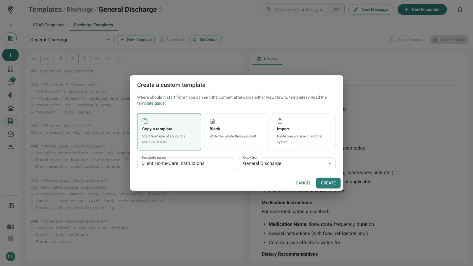 Create a custom discharge template dialog with the Discharge Templates tab selected and Copy a template active