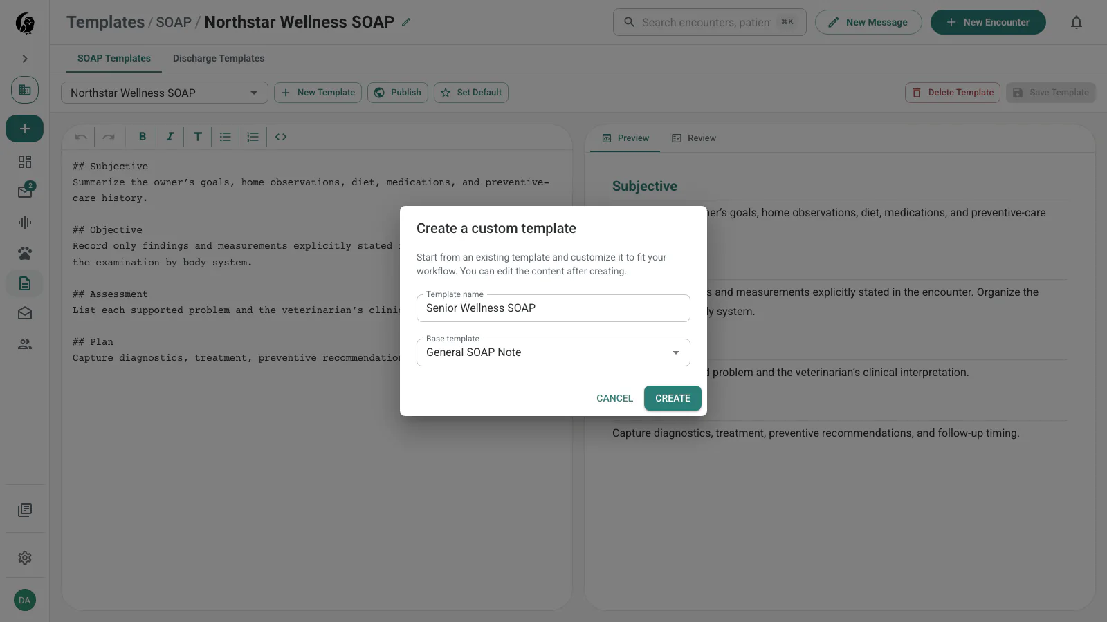 Create a custom template dialog with a name and starting-template selection