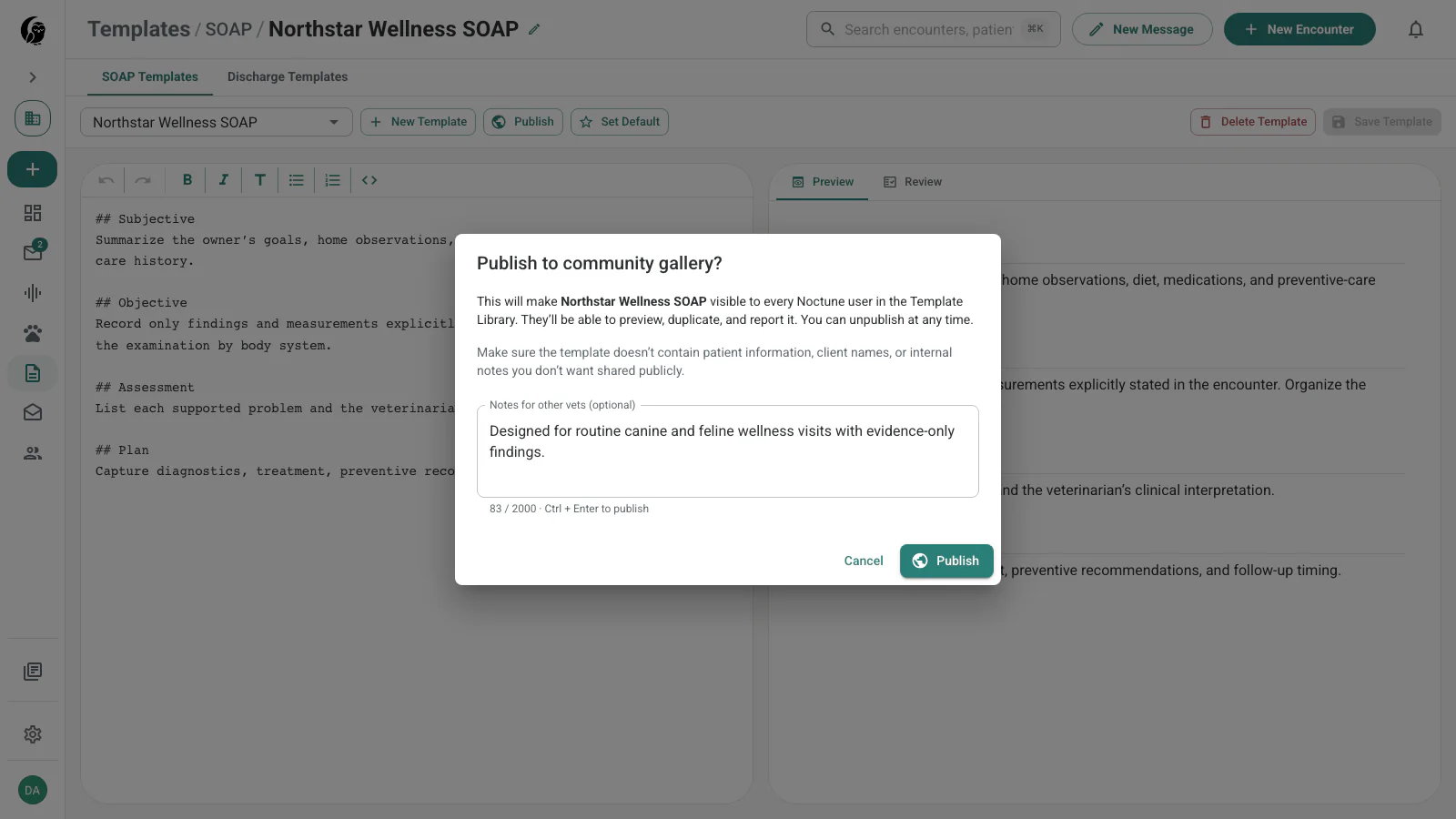 Publish to community gallery dialog with privacy guidance and notes for other veterinarians