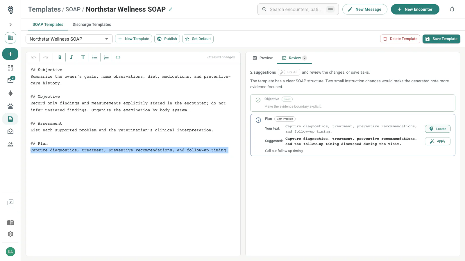 Template Review tab after one suggestion is fixed, with a remaining Locate and Apply action and Fix All disabled