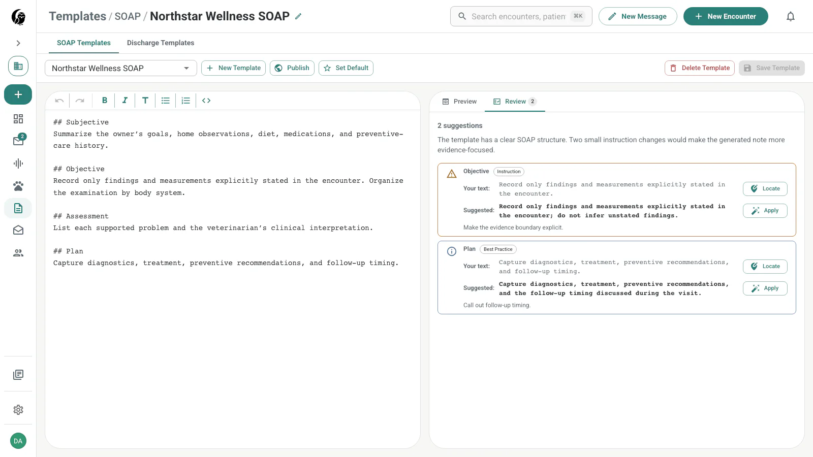 Template Review tab with two evidence-focused suggestions, locations, proposed replacement text, and Fix controls